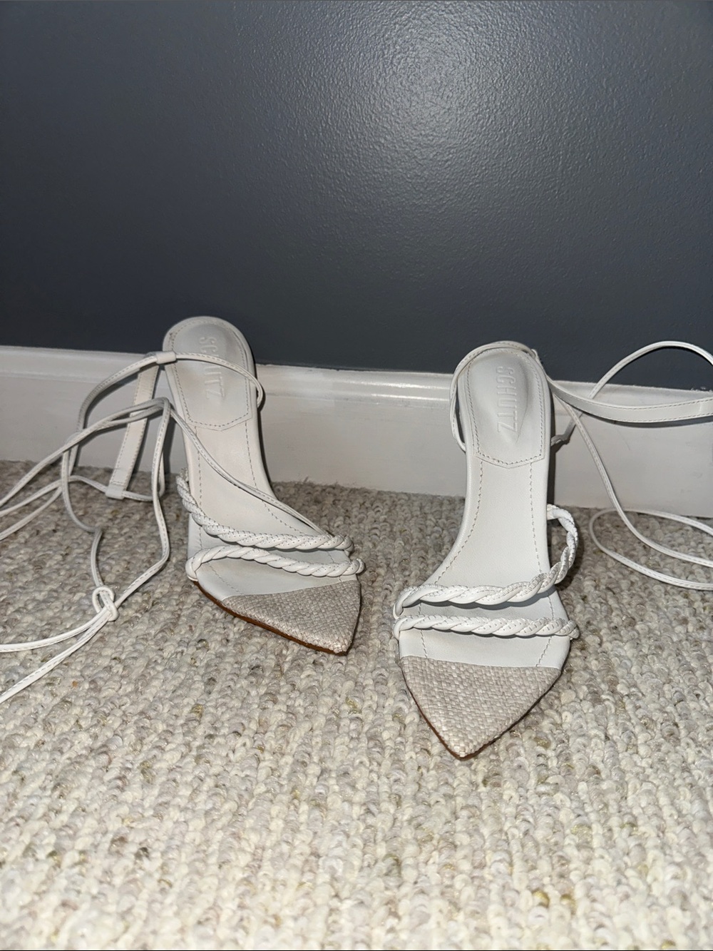 SCHUTZ White Braided Lace-Up Pointed Slingback Heels